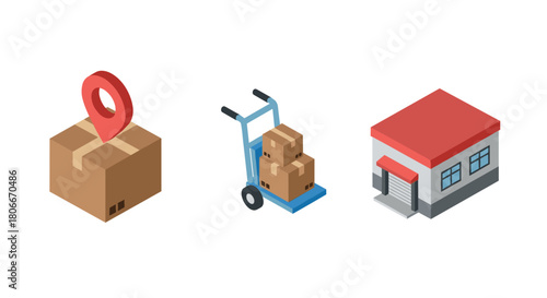 Isometric delivery icon set featuring box with location pin, trolley with packages, and warehouse