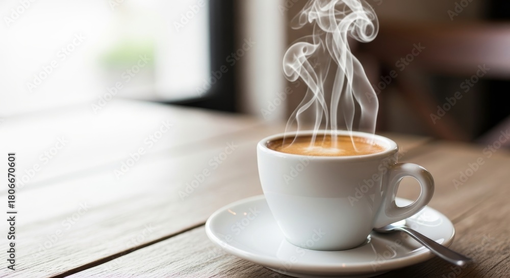 Fototapeta premium A steaming cup of coffee sitting on a saucer with a spoon on a wooden table in a bright setting
