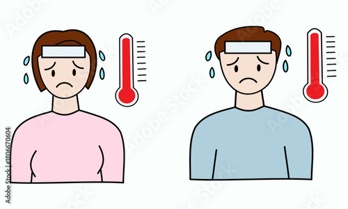 man and female with fever temperature reading minimalist color flat icons useful for health related projects .eps