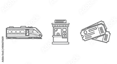 Modern train journey essentials: ticket booth, train, and tickets linear icons
