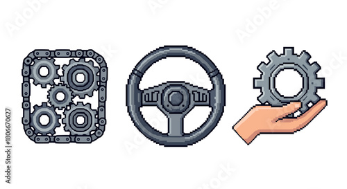 Pixel art gear icons: transmission, steering wheel, hand holding cog