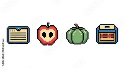 Retro pixel art series: envelopes and apples with classic style icons