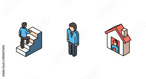 Isometric businessman climbing stairs and standing by house in blue suit