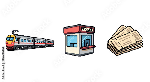 Retro pixel art train, ticket booth, and tickets in nostalgic style
