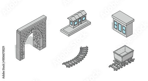 Isometric railroad elements featuring tunnel, track, and mining cart