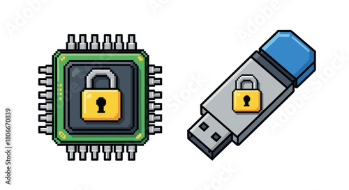 Pixel art technology security concept with padlock on chip and usb drive