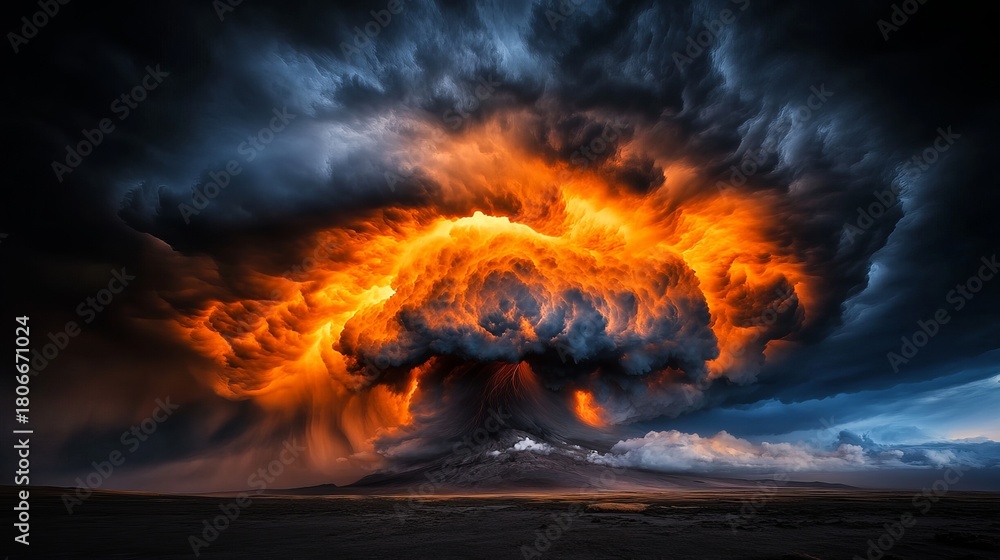 Fototapeta premium Dramatic storm clouds gather with intense orange glow above dark landscape, suggesting a powerful atmospheric event.