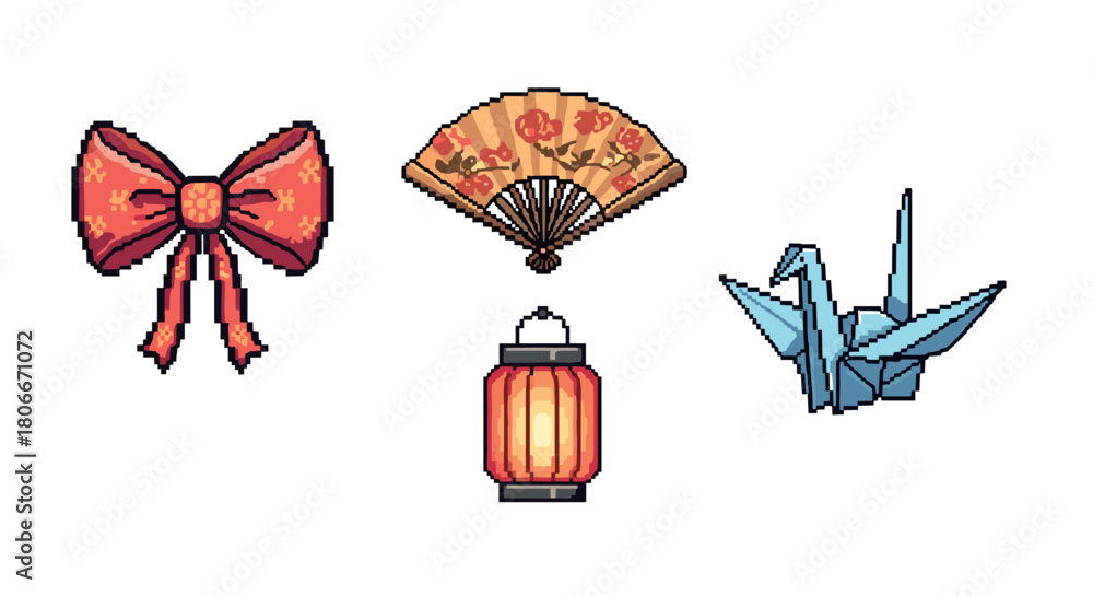 Obraz premium Pixel art collection: traditional asian symbols with bow, fan, lantern, and crane