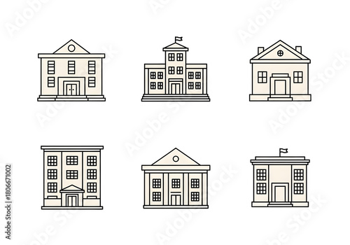 Collection of diverse educational institution building icons