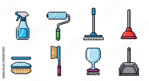 Pixel art cleaning tools: retro style icons for household chores