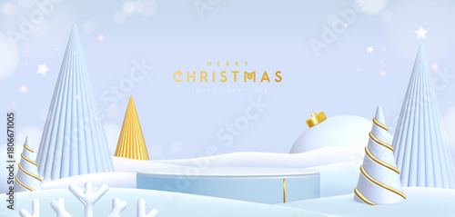Holiday Christmas showcase white background with snow, 3d podium and Christmas trees. Abstract minimal scene. Vector illustration