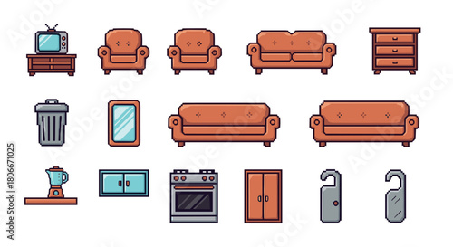 Pixel art furniture collection with retro living room and kitchen items