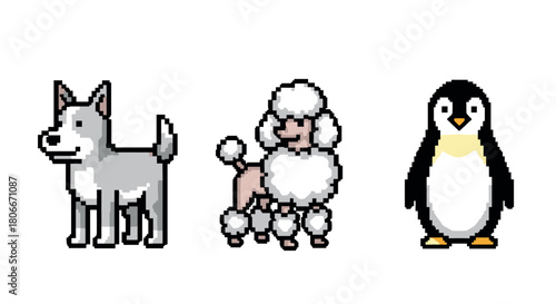 Pixel art animals: husky, poodle, and penguin in classic 8-bit style