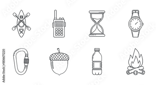 Linear icons of outdoor adventure elements featuring camping, kayaking, and more