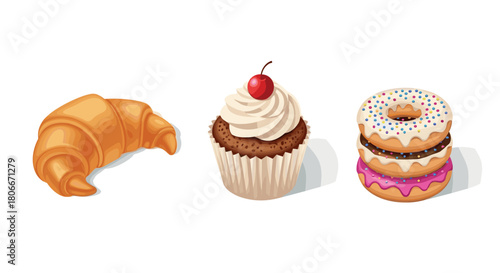 Delicious bakery treats: croissant, cupcake with cherry, and donuts with sprinkles in realistic design