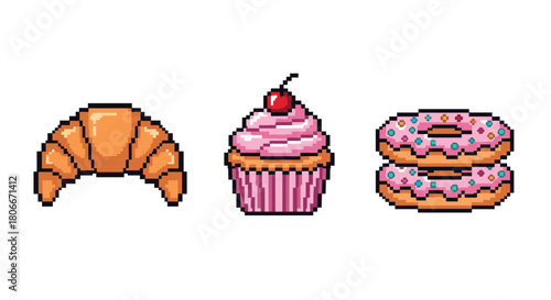 Pixel art desserts: croissant, cupcake, and donuts on white background