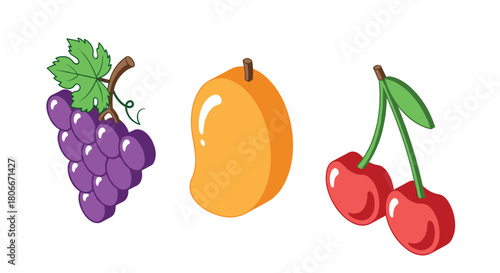 Colorful flat design fruits: grapes, mango, and cherries in bold cartoon style