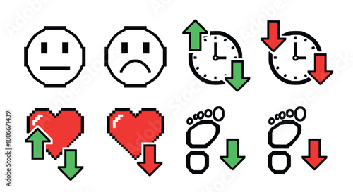 Retro pixel art collection with arrows and time symbols