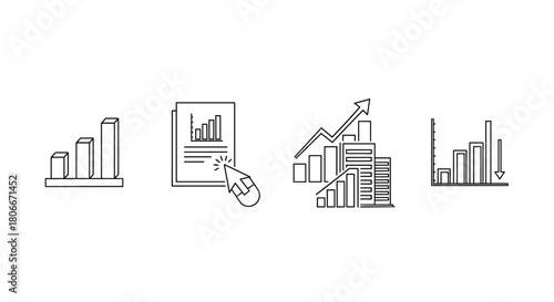 Linear business growth and decline icons with bar and line charts