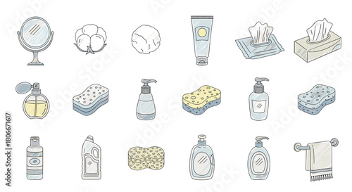 Personal care and cleaning items set in hand-drawn style