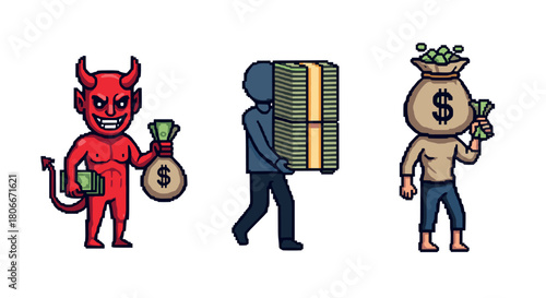 Pixel art characters with money: devil holding cash, man carrying stacks, money bag head