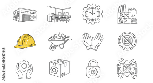Line art icons of industrial safety and efficiency tools