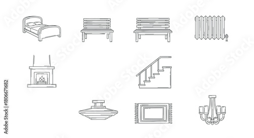 Home furniture and decor line art: bed, bench, radiator, and more for interior design