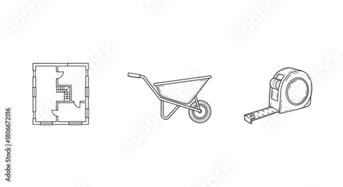 Construction tools and plans: blueprint, wheelbarrow, tape measure in outline style