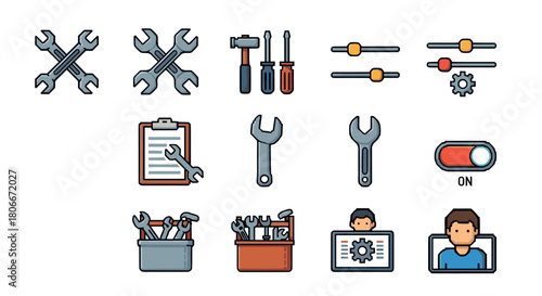 Flat design tools and settings icons for technical and repair concepts