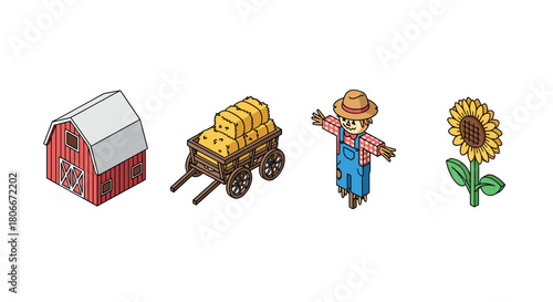 Charming farm elements in isometric style featuring barn wagon scarecrow sunflower