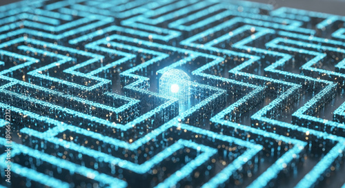 Fototapeta Naklejka Na Ścianę i Meble -  Automated machine learning system solving complex digital maze. This future technology shows intelligence navigating intricate labyrinth path toward glowing solution