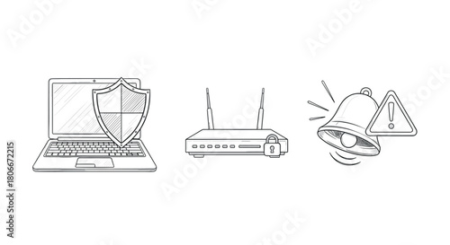 Cybersecurity concepts: laptop protection, secure router, alert bell in linear style