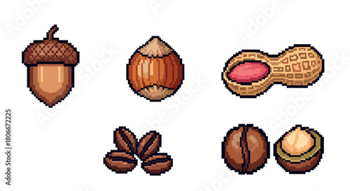 Pixel art nut collection: acorn, hazelnut, peanut, coffee bean, and macadamia