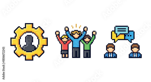 Pixel art teamwork and communication symbols with gear and people
