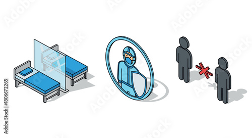 Isometric healthcare illustration showing social distancing and medical safety measures