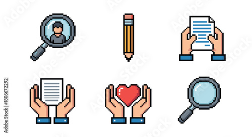 Retro pixel art icons – magnifying glass, pencil, hands holding papers and heart