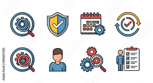 Colorful pixel art icons for business and management concepts