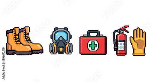 Pixel art safety gear: boots, mask, first aid, fire extinguisher, gloves