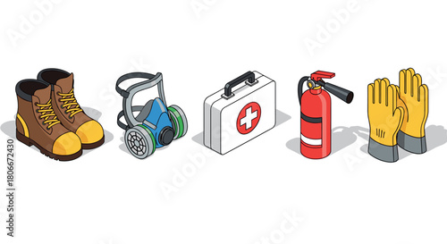 Essential safety gear: isometric work boots, respirator, first aid kit, fire extinguisher, gloves