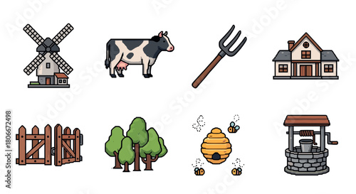 Charming farm life icons featuring animals, buildings, and tools in a pixel art style