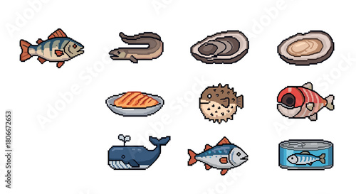 Retro pixel art sea creatures and seafood icons collection