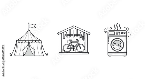 Hand drawn set: circus tent, bicycle shed, laundry machine icons