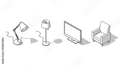 Minimalist isometric living room objects in monochrome style