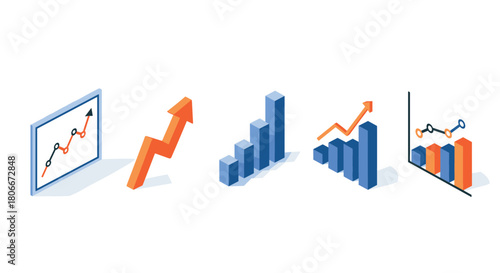 Isometric business growth charts with trend arrows in blue and orange