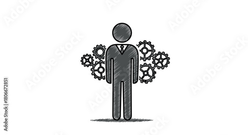 Sketch style business figure surrounded by gears on white background