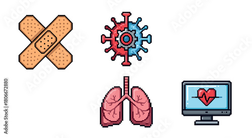 Pixel art medical icons: bandage, virus, lungs, heart monitor