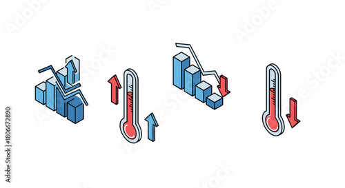 Isometric business finance charts with rising and falling thermometer indicators
