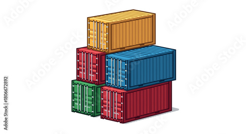 Isometric shipping containers stack in various colors