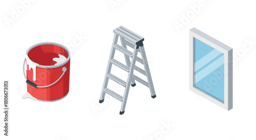 Home renovation tools: paint bucket, ladder, and window in isometric style