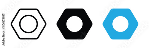 Hex nut or hexagonal nut simple icons set designed in filled, outline, line and stroke style